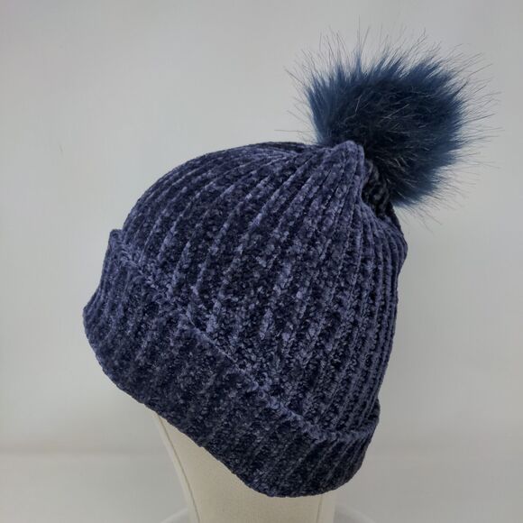 LOFT Beanie Hat Blue One Size Stretch Ribbed Knit Pom Pom Fleece Blank - Picture 3 of 9